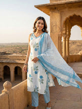 Jaipuri Pure Cotton Blue White Floral Suit Set