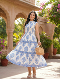 Blue and White Floral Print Smocked Tiered Midi Dress | Sleeveless Boho Summer Dress