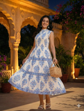 Blue and White Floral Print Smocked Tiered Midi Dress | Sleeveless Boho Summer Dress