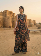 Black Botanical Print Sleeveless Kurta and Palazzo Set |
