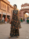 Black Botanical Print Sleeveless Kurta and Palazzo Set |