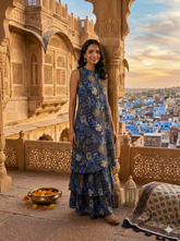 Indigo Blue Botanical Print Sleeveless Kurta and Palazzo Set
