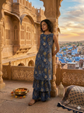 Indigo Blue Botanical Print Sleeveless Kurta and Palazzo Set