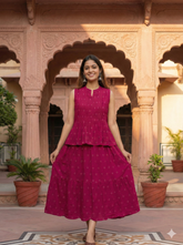 Women's Vibrant Magenta Ethnic Co-ord Set Peplum Top & Tiered Skirt