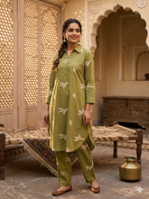 Olive Green Bird Print Kurta Pant Dupatta Set | Women's Ethnic Wear