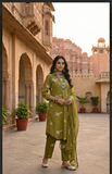 Olive Green Bird Print Kurta Pant Dupatta Set | Women's Ethnic Wear